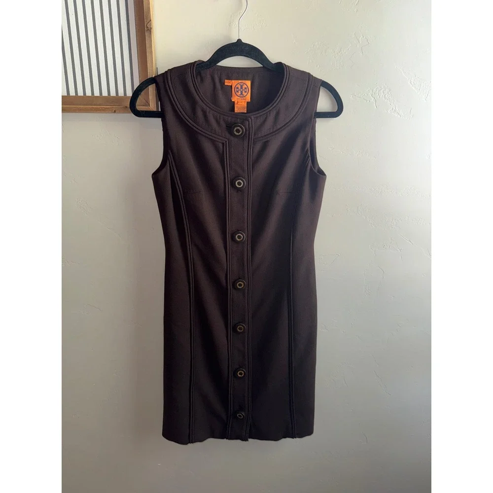 Tory Burch Brown Sleeveless Button‎ Front Shift Dress Wool Blend Size 4